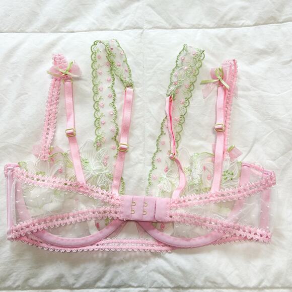 NWOT For Love & Lemons Waterlilies Floral Embroidered Sheer Bra Pink Green XS - Picture 4 of 8